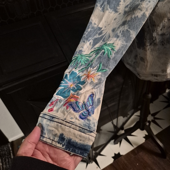 Retro Y2K Embroidered Sun Bleached Denim Jacket Diane Gilman 90s Tropical - Picture 5 of 7